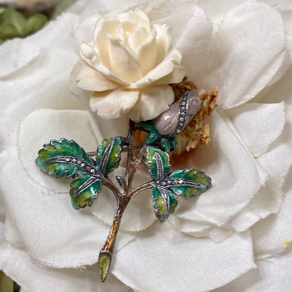 Germany Jewelry - Vintage Sterling Germany floral enameled brooch w/marcasite details 2 1/4”